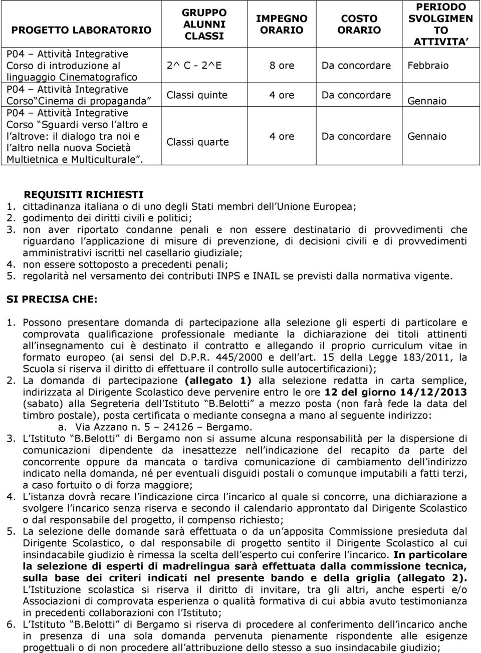 GRUPPO ALUNNI CLASSI IMPEGNO COSTO PERIODO SVOLGIMEN TO ATTIVITA 2^ C - 2^E 8 ore Da concordare Febbraio Classi quinte 4 ore Da concordare Classi quarte 4 ore Da concordare REQUISITI RICHIESTI 1.