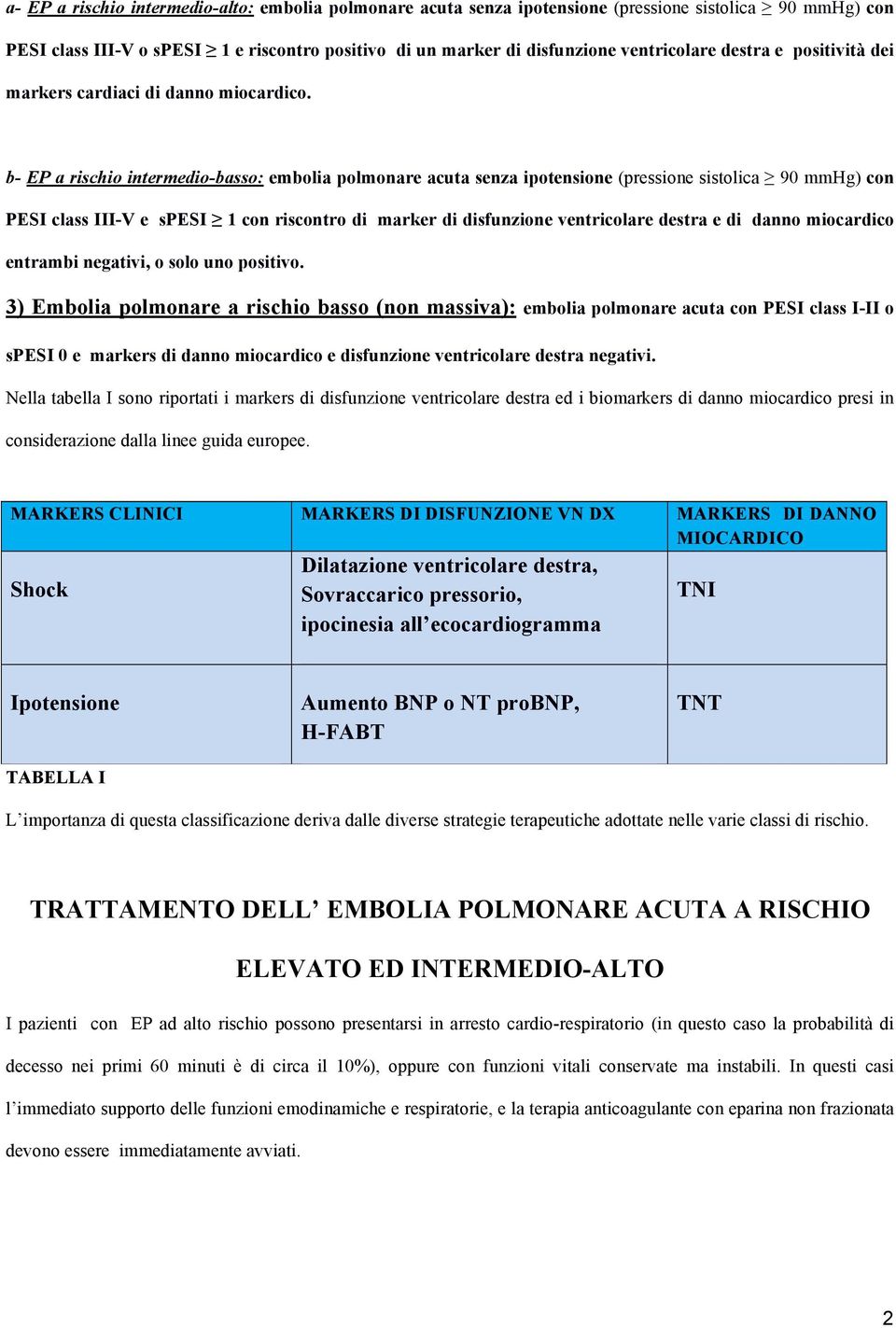 b- EP a rischio intermedio-basso: embolia polmonare acuta senza ipotensione (pressione sistolica 90 mmhg) con PESI class III-V e spesi 1 con riscontro di marker di disfunzione ventricolare destra e