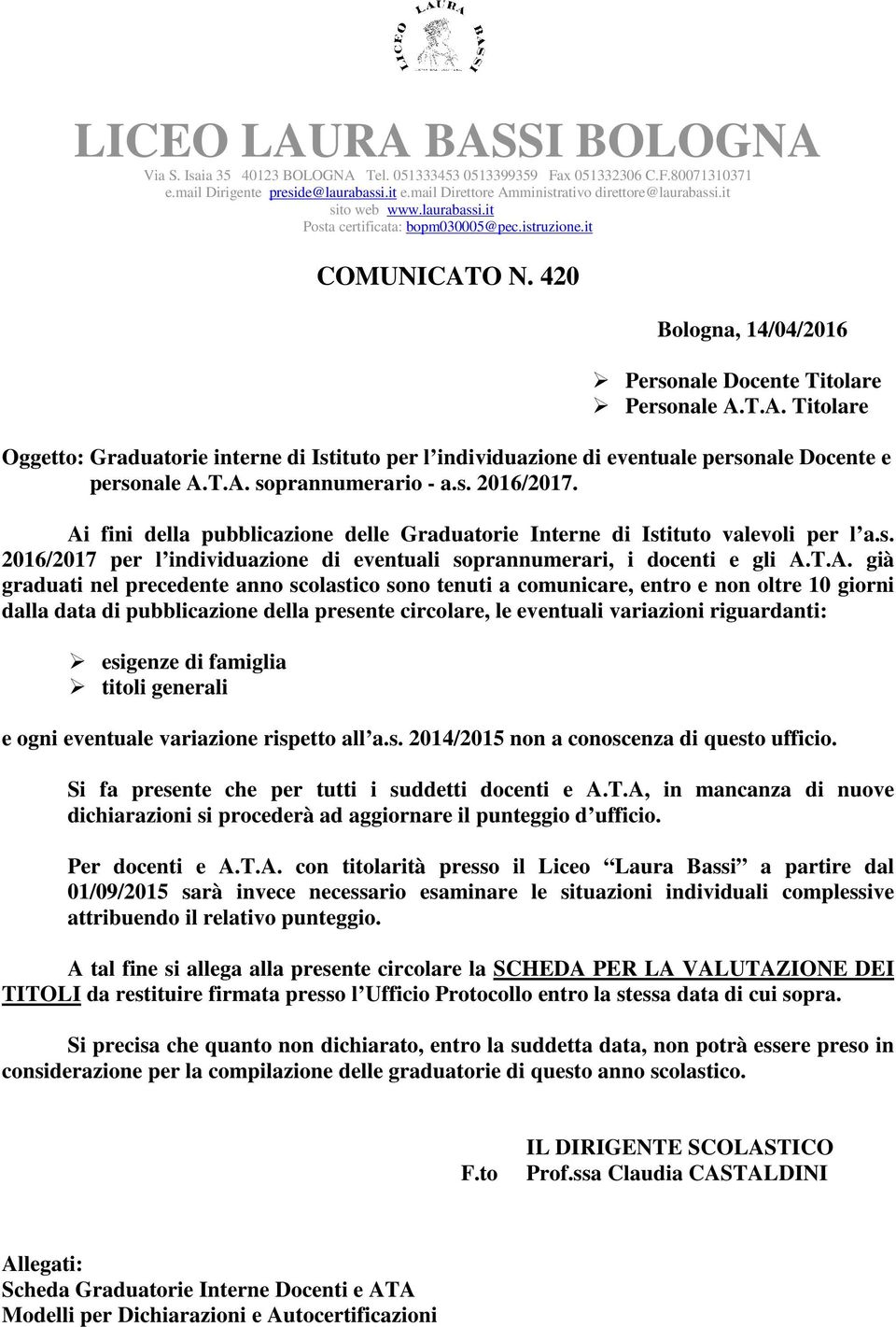 420 Bologna, 14/04/2016 Personale Docente Titolare Personale A.T.A. Titolare Oggetto: Graduatorie interne di Istituto per l individuazione di eventuale personale Docente e personale A.T.A. soprannumerario - a.