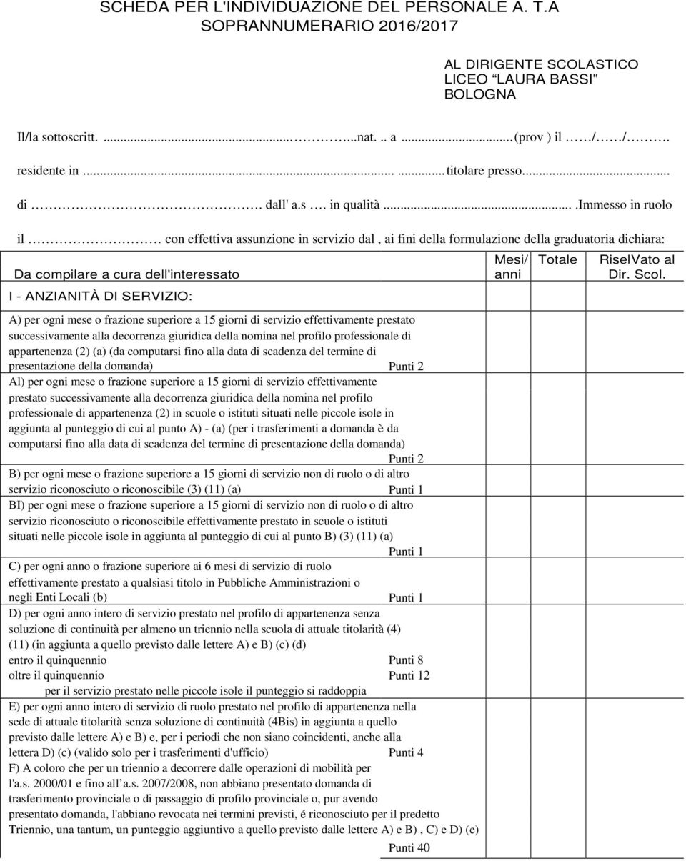 ...immesso in ruolo il con effettiva assunzione in servizio dal, ai fini della formulazione della graduatoria dichiara: Mesi/ Totale RiselVato al Da compilare a cura dell'interessato anni Dir. Scol.