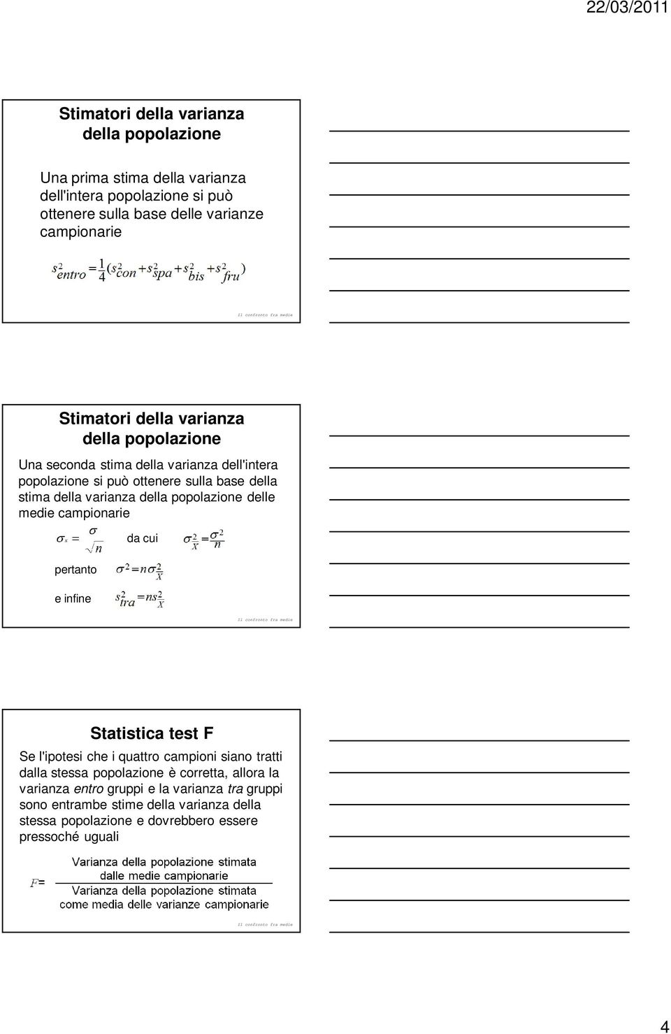 della popolazione delle medie campionarie pertanto e infine da cui Statistica test F Se l'ipotesi che i quattro campioni siano tratti dalla stessa