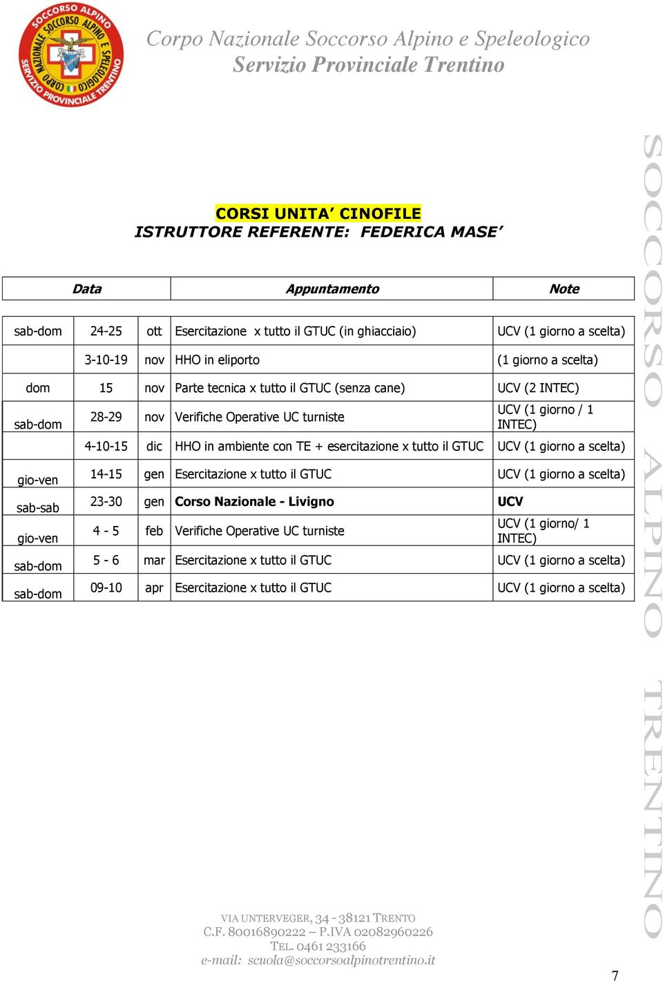 INTEC) 4-10-15 dic HHO in ambiente con TE + esercitazione x tutto il GTUC UCV (1 giorno a scelta) 14-15 gen Esercitazione x tutto il GTUC UCV (1 giorno a scelta) 23-30 gen Corso Nazionale -