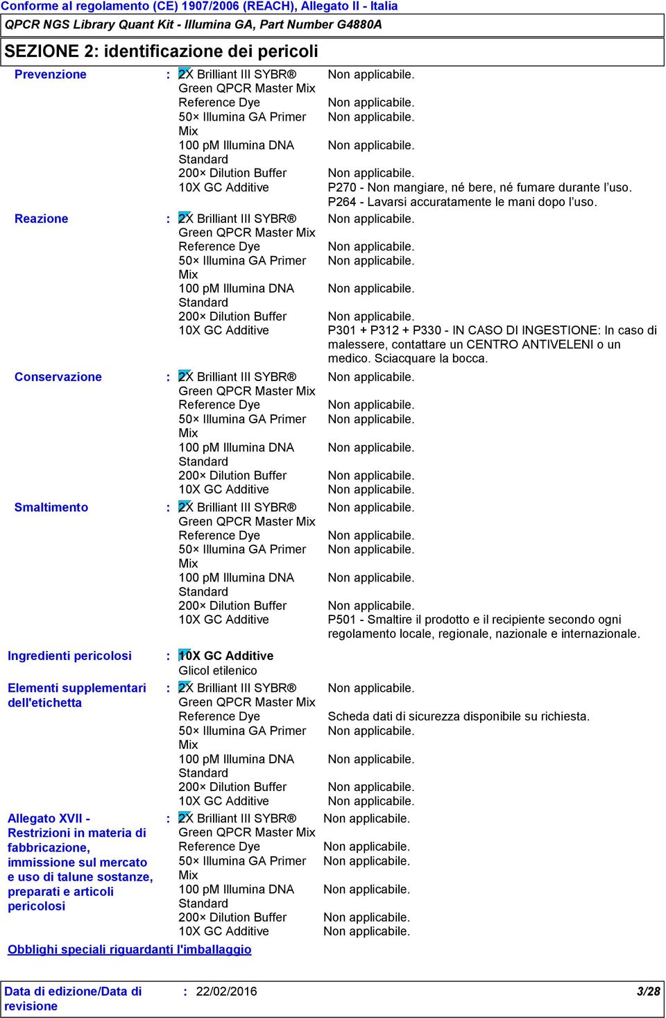 P270 - Non mangiare, né bere, né fumare durante l uso. P264 - Lavarsi accuratamente le mani dopo l uso. Non applicabile. Non applicabile. Non applicabile. Non applicabile. 200 Dilution Buffer Non applicabile.