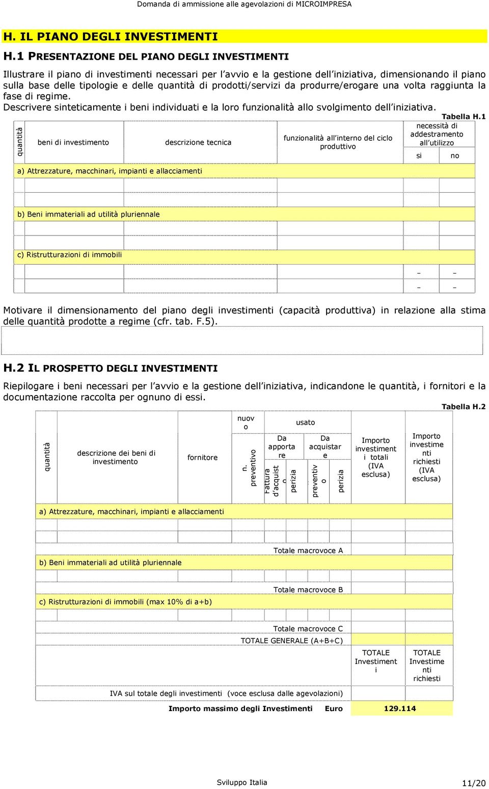 quantità di prodotti/servizi da produrre/erogare una volta raggiunta la fase di regime. Descrivere sinteticamente i beni individuati e la loro funzionalità allo svolgimento dell iniziativa. Tabella H.