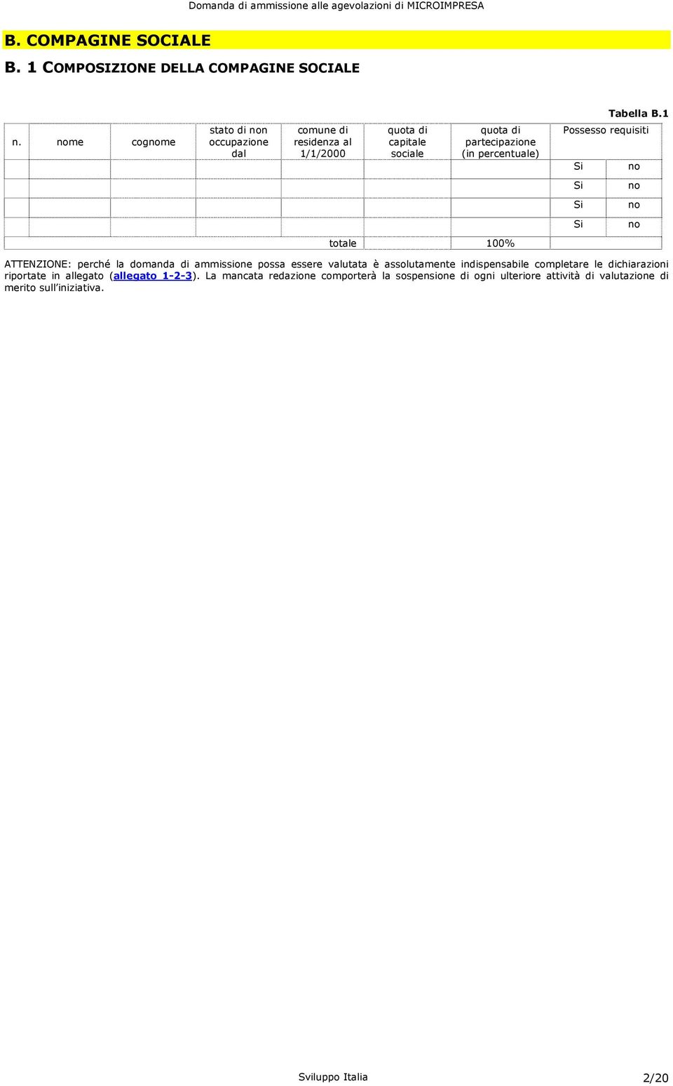 Possesso requisiti Si no Si no Si no Si no totale 100% ATTENZIONE: perché la domanda di ammissione possa essere valutata è assolutamente