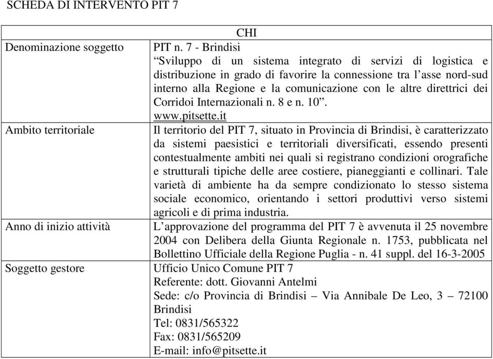 direttrici dei Corridoi Internazionali n. 8 e n. 10. www.pitsette.