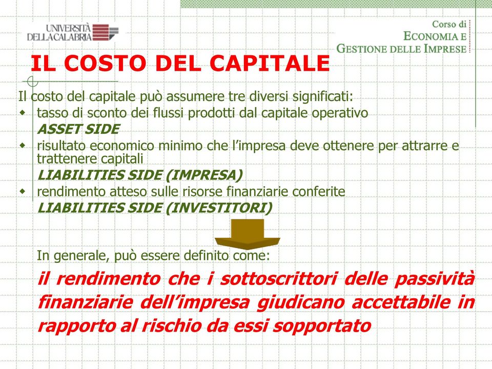 (IMPRESA) rendimento atteso sulle risorse finanziarie conferite LIABILITIES SIDE (INVESTITORI) In generale, può essere definito