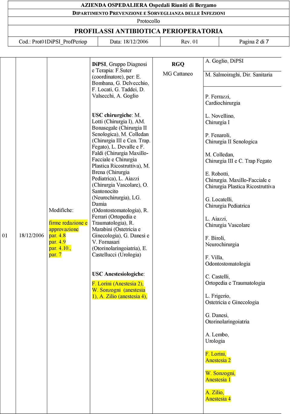 7 USC chirurgiche: M. Lotti (Chirurgia I), AM. Bonasegale (Chirurgia II Senologica), M. Colledan (Chirurgia III e Cen. Trap. Fegato), L. Devalle e F.