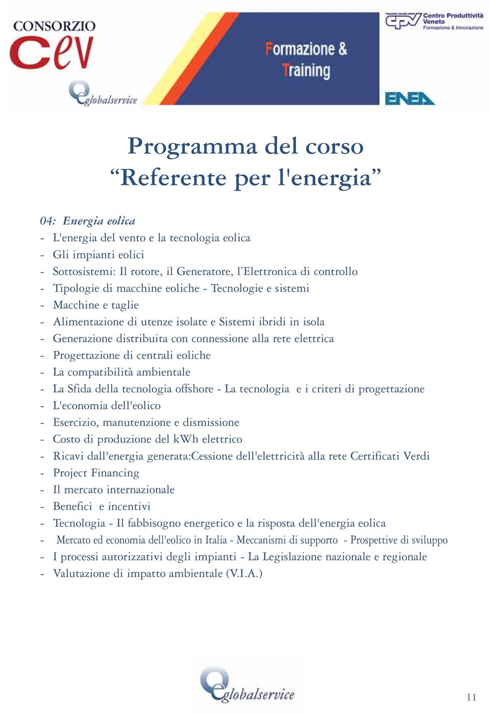 Progettazione di centrali eoliche - La compatibilità ambientale - La Sfida della tecnologia offshore - La tecnologia e i criteri di progettazione - L'economia dell'eolico - Esercizio, manutenzione e