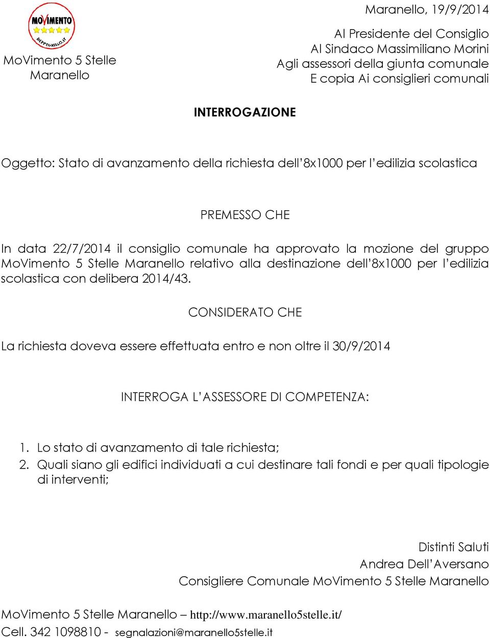 Maranello relativo alla destinazione dell 8x1000 per l edilizia scolastica con delibera 2014/43.