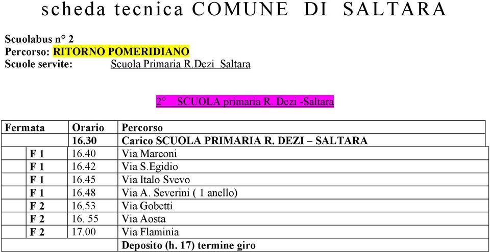 DEZI SALTARA F 1 16.40 Via Marconi F 1 16.42 Via S.Egidio F 1 16.45 Via Italo Svevo F 1 16.