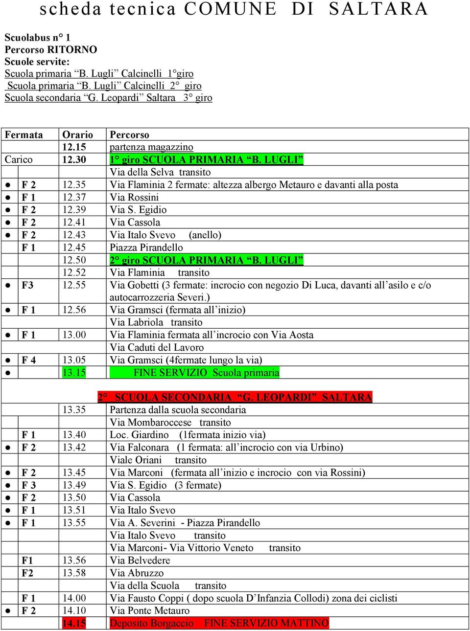 39 Via S. Egidio F 2 12.41 Via Cassola F 2 12.43 Via Italo Svevo (anello) F 1 12.45 Piazza Pirandello 12.50 2 giro SCUOLA PRIMARIA B. LUGLI 12.52 Via Flaminia transito F3 12.