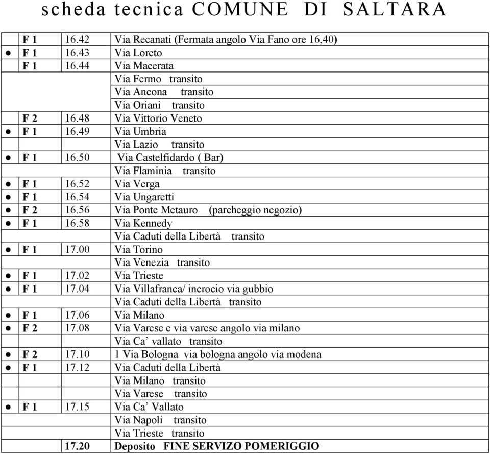 58 Via Kennedy Via Caduti della Libertà transito F 1 17.00 Via Torino Via Venezia transito F 1 17.02 Via Trieste F 1 17.