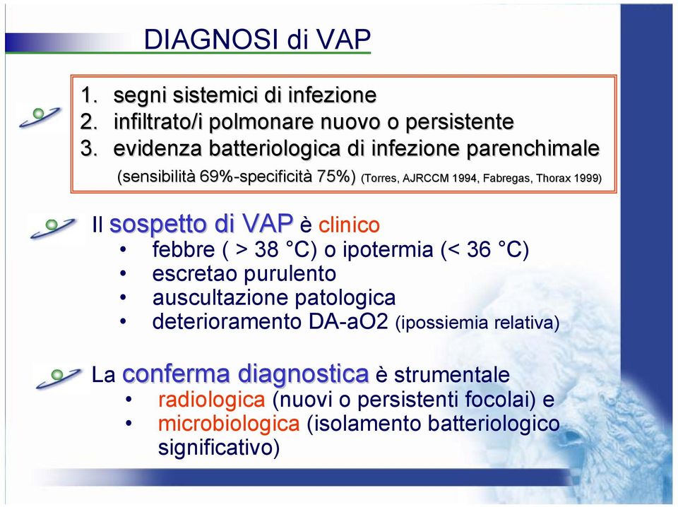 Il sospetto di VAP è clinico febbre ( > 38 C) o ipotermia (< 36 C) escretao purulento auscultazione patologica deterioramento