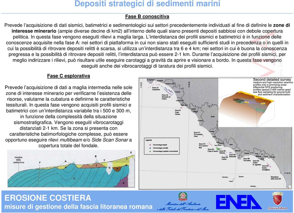 L interdistanza dei profili sismici e batimetrici è in funzione delle conoscenze acquisite nella fase A: nei settori di piattaforma in cui non siano stati eseguiti sufficienti studi in precedenza o