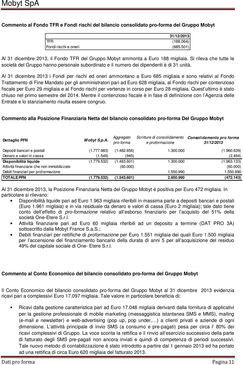 Al 31 dicembre 2013 i Fondi per rischi ed oneri ammontano a Euro 685 migliaia e sono relativi al Fondo Trattamento di Fine Mandato per gli amministratori pari ad Euro 628 migliaia, al Fondo rischi