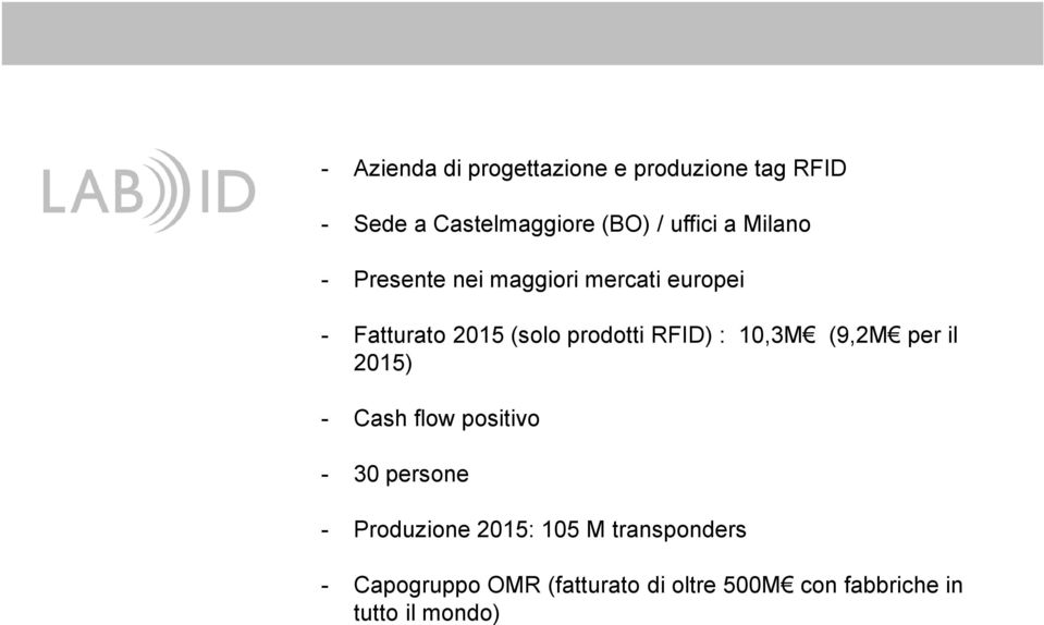 : 10,3M (9,2M per il 2015) - Cash flow positivo - 30 persone - Produzione 2015: 105 M