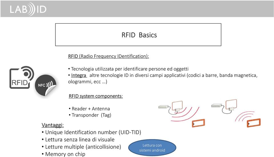 ecc ) RFID system components: Reader + Antenna Transponder (Tag) Vantaggi: Unique Identification number