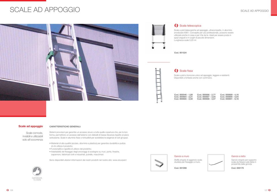 001524 Scala fissa Scale a pioli a troncone unico ad appoggio, leggere e resistenti. Disponibili a richiesta anche con corrimano. Cod. 000046-1,89 Cod. 000684-2,21 Cod. 000685-2,50 Cod.