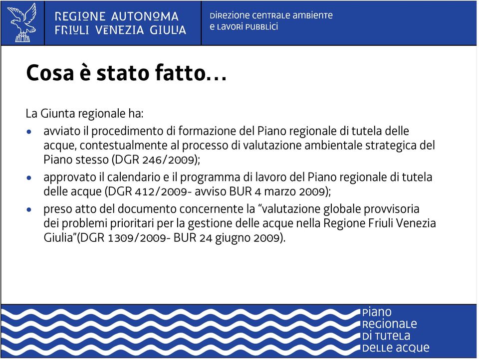 programma di lavoro del Piano regionale di tutela (DGR 412/2009- avviso BUR 4 marzo 2009); preso atto del documento concernente la