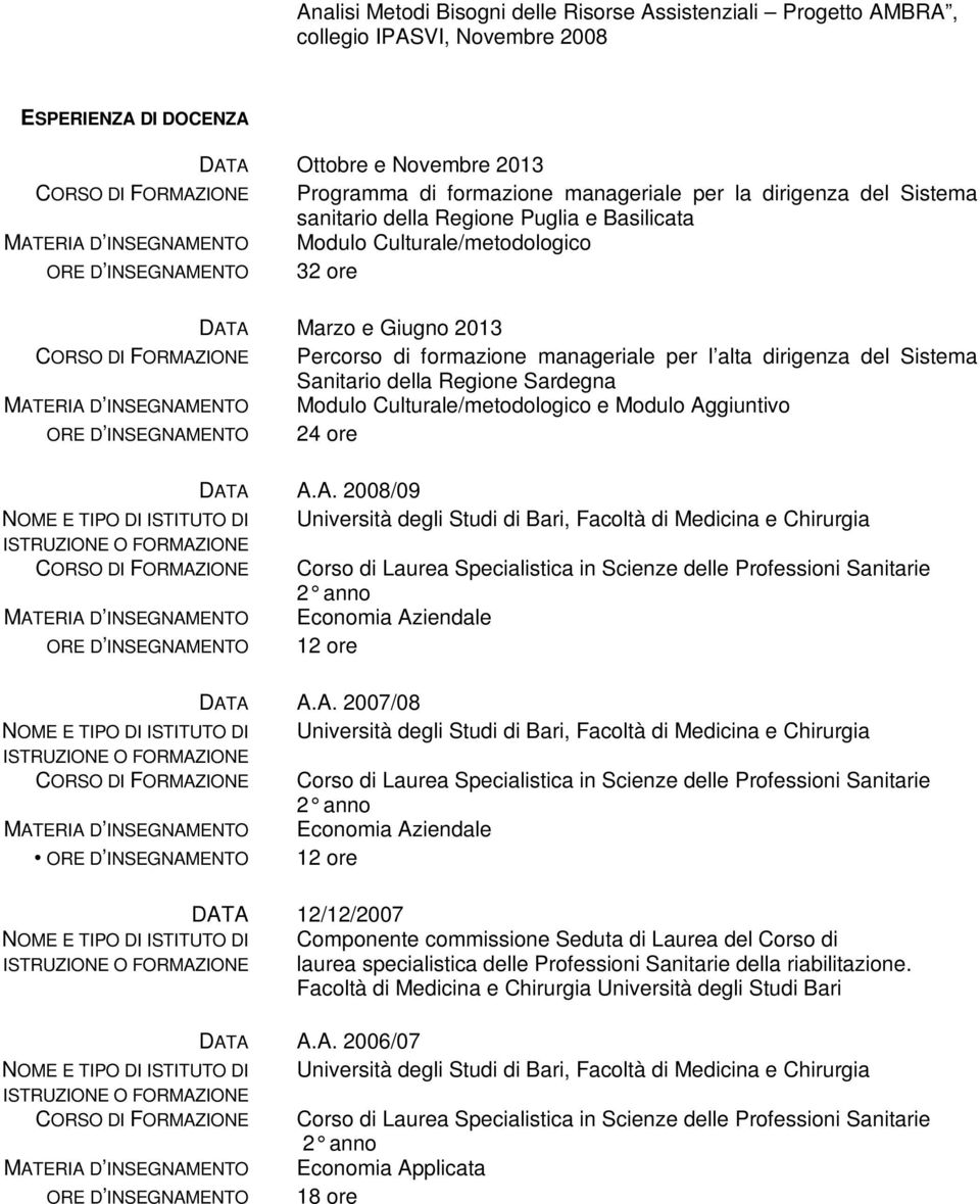 FORMAZIONE Percorso di formazione manageriale per l alta dirigenza del Sistema Sanitario della Regione Sardegna MATERIA D INSEGNAMENTO Modulo Culturale/metodologico e Modulo Aggiuntivo ORE D