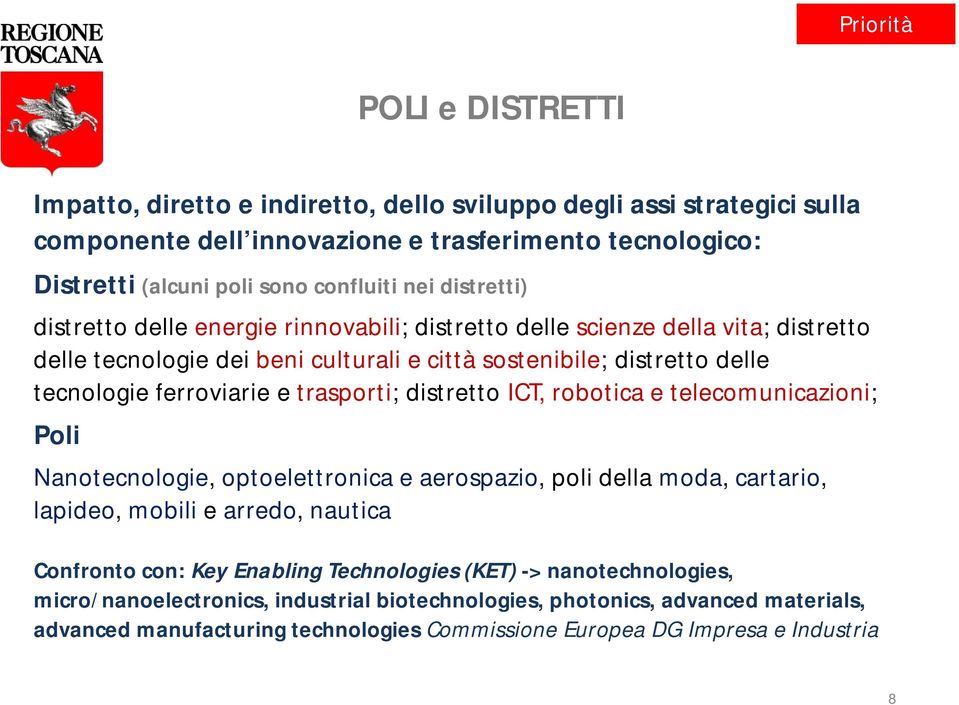 trasporti; distretto ICT, robotica e telecomunicazioni; Poli Nanotecnologie, optoelettronica e aerospazio, poli della moda, cartario, lapideo, mobili e arredo, nautica Confronto con: Key Enabling