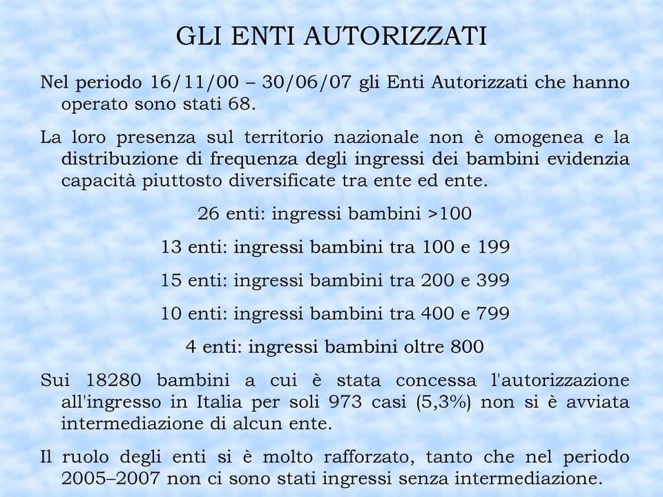 26 enti: ingressi bambini >100 13 enti: ingressi bambini tra 100 e 199 15 enti: ingressi bambini tra 200 e 399 10 enti: ingressi bambini tra 400 e 799 4 enti: ingressi bambini oltre 800