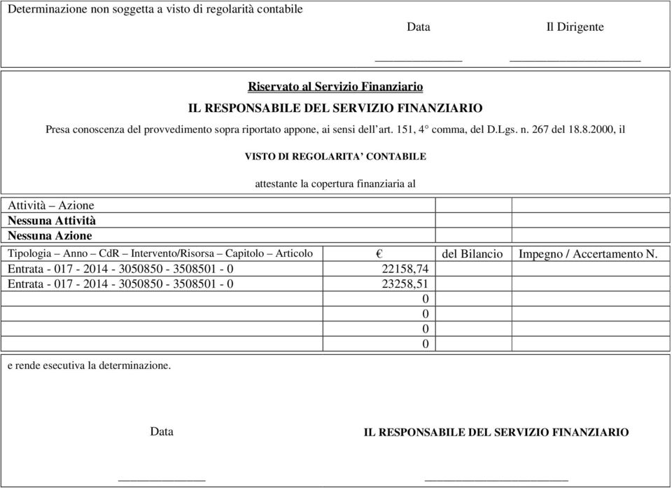 8.2000, il VISTO DI REGOLARITA CONTABILE Attività Azione Nessuna Attività Nessuna Azione attestante la copertura finanziaria al Tipologia Anno CdR Intervento/Risorsa