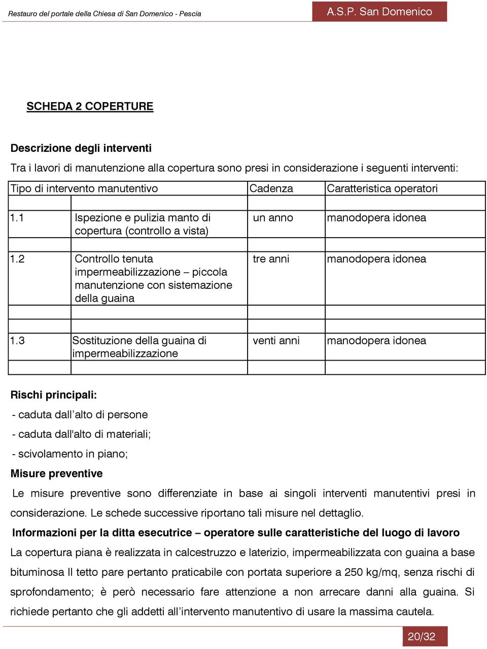 2 Controllo tenuta impermeabilizzazione piccola manutenzione con sistemazione della guaina un anno tre anni manodopera idonea manodopera idonea 1.