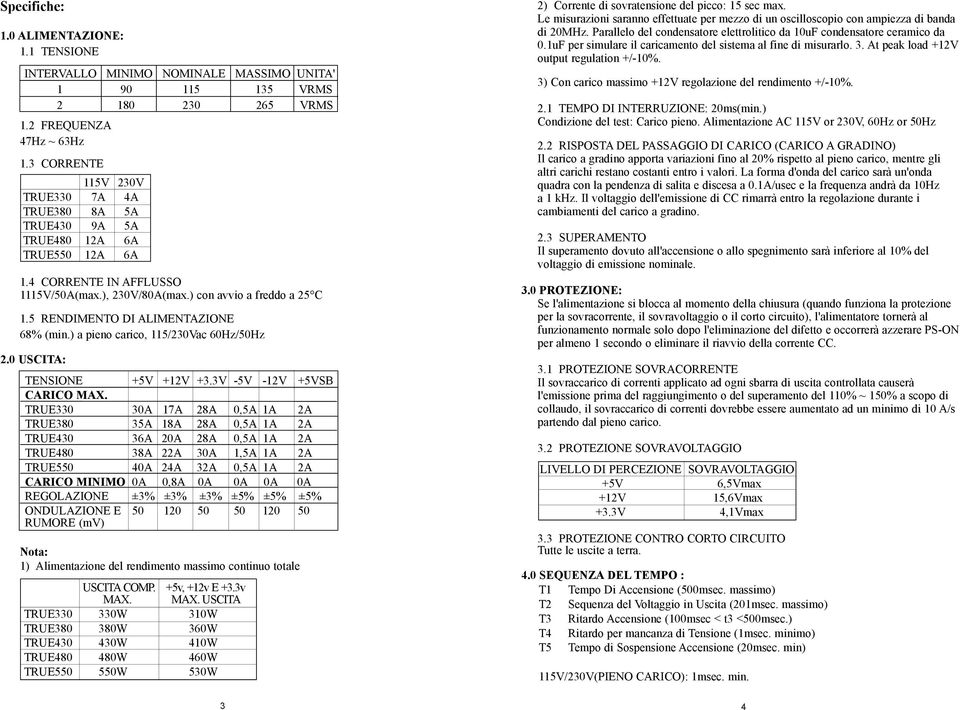 5 RENDIMENTO DI ALIMENTAZIONE 68% (min.) a pieno carico, 115/230Vac 60Hz/50Hz 2.0 USCITA: TENSIONE +5V +12V +3.3V -5V -12V +5VSB CARICO MAX.