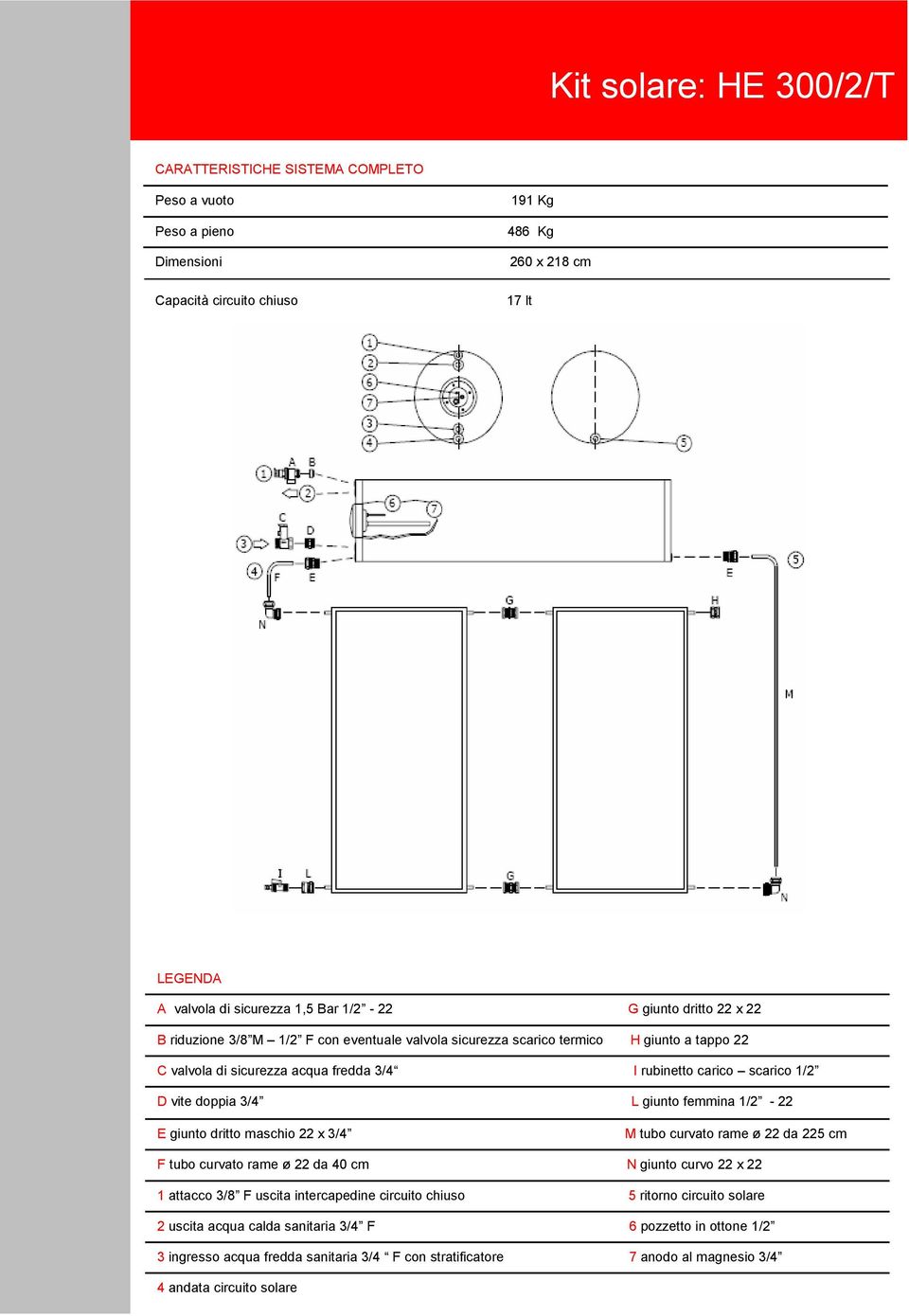 1/2-22 giunto dritto maschio 22 x 3/4 M tubo curvato rame ø 22 da 225 cm F tubo curvato rame ø 22 da 40 cm giunto curvo 22 x 22 1 attacco 3/8 F uscita intercapedine circuito chiuso 5