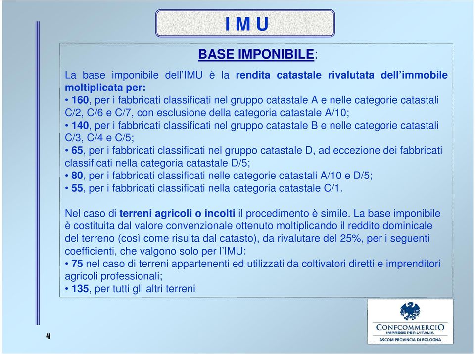 classificati nel gruppo catastale D, ad eccezione dei fabbricati classificati nella categoria catastale D/5; 80, per i fabbricati classificati nelle categorie catastali A/10 e D/5; 55, per i