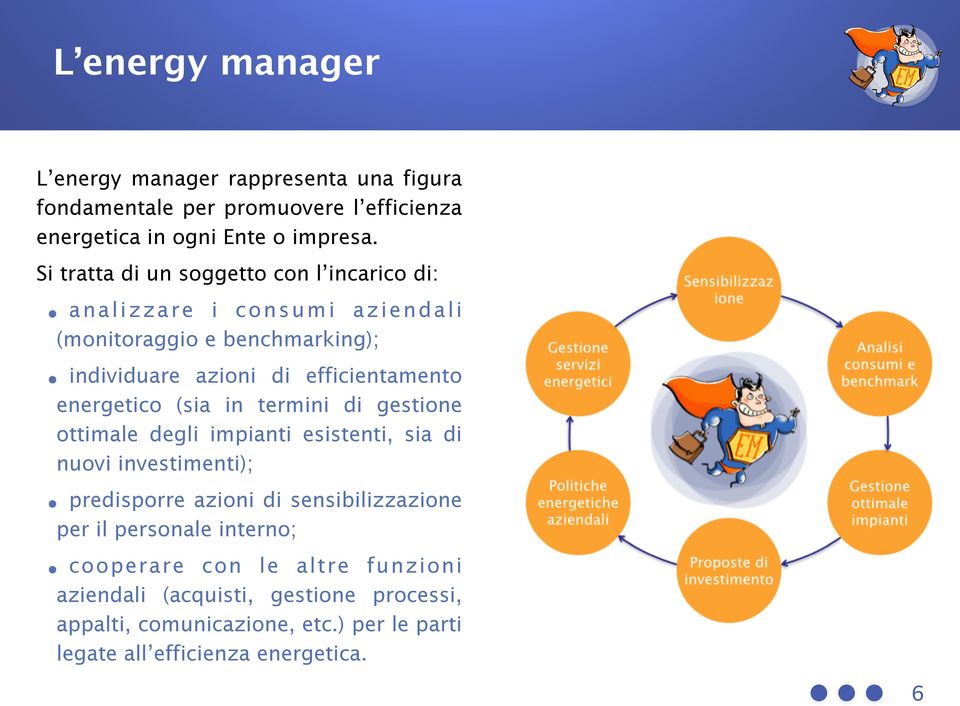 energetico (sia in termini di gestione ottimale degli impianti esistenti, sia di nuovi investimenti); predisporre azioni di sensibilizzazione per il