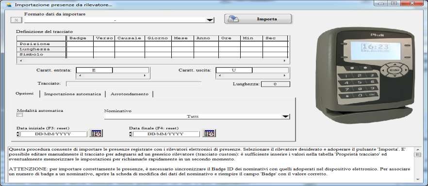 0 Per aprire la scheda di importazione delle timbrature da tracciato è