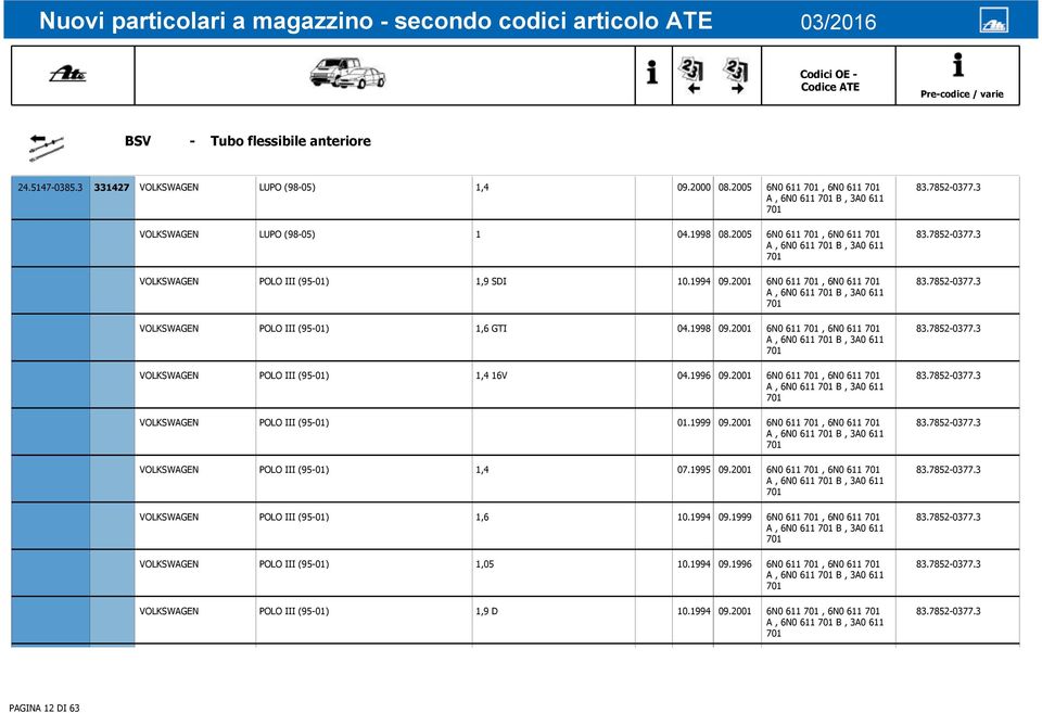 2001 6N0 611 701, 6N0 611 701 A, 6N0 611 701 B, 3A0 611 701 VOLKSWAGEN POLO III (95-01) 1,6 GTI 04.1998 09.