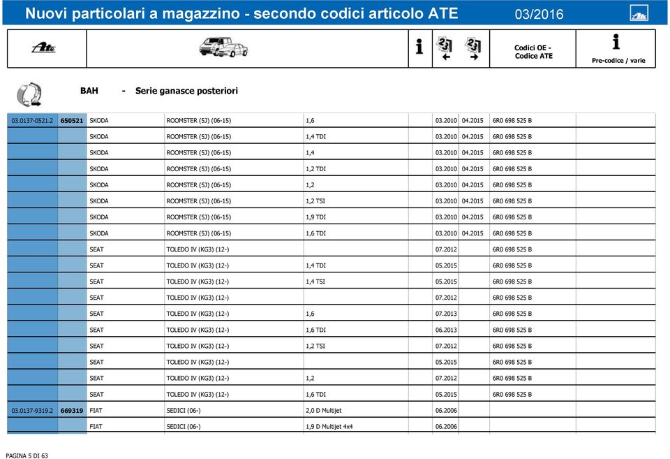 2010 04.2015 6R0 698 525 B SKODA ROOMSTER (5J) (06-15) 1,9 TDI 03.2010 04.2015 6R0 698 525 B SKODA ROOMSTER (5J) (06-15) 1,6 TDI 03.2010 04.2015 6R0 698 525 B SEAT TOLEDO IV (KG3) (12-) 07.