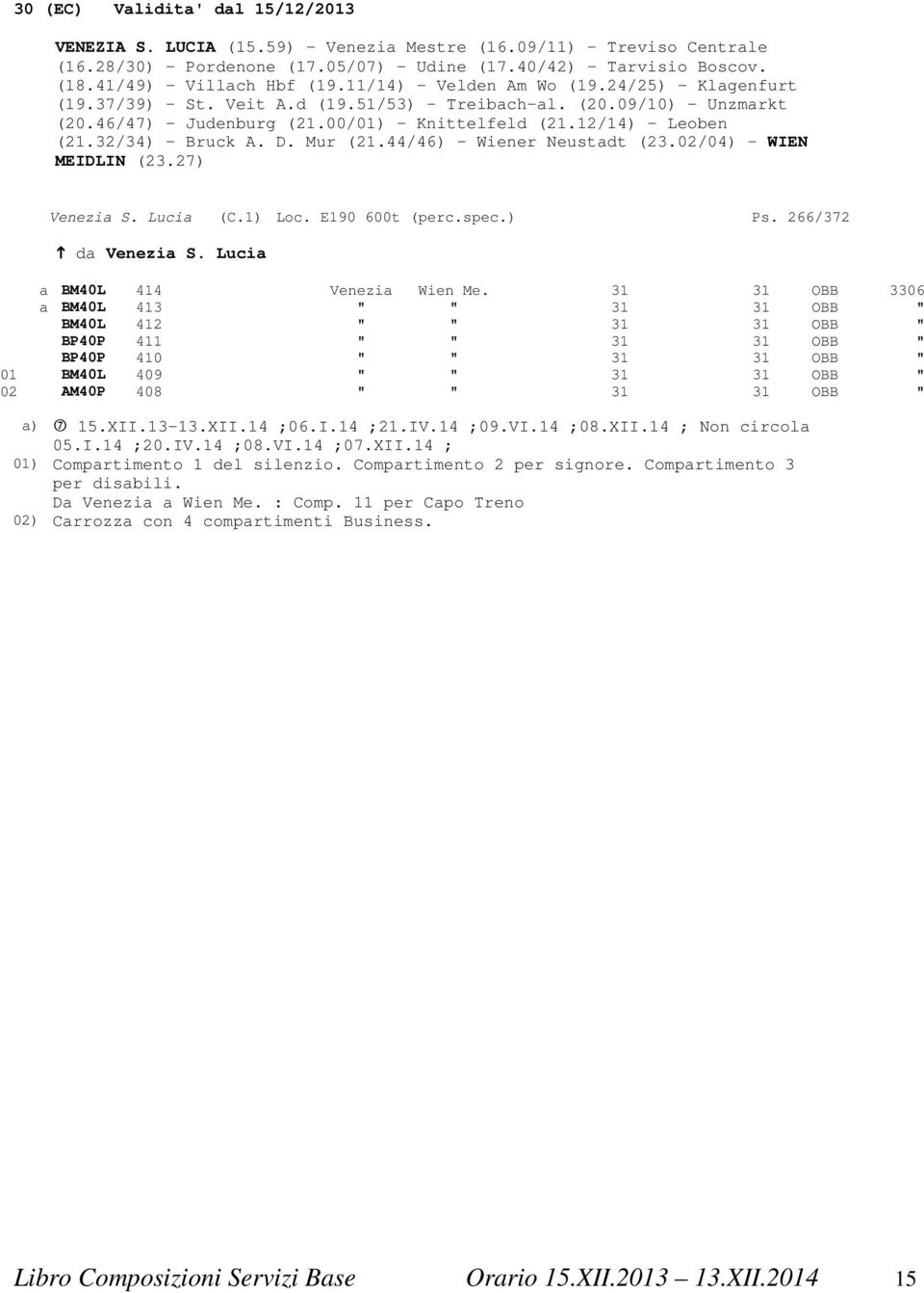 12/14) - Leoben (21.32/34) - Bruck A. D. Mur (21.44/46) - Wiener Neustadt (23.02/04) - WIEN MEIDLIN (23.27) Venezia S. Lucia (C.1) Loc. E190 600t (perc.spec.) Ps. 266/372 da Venezia S.