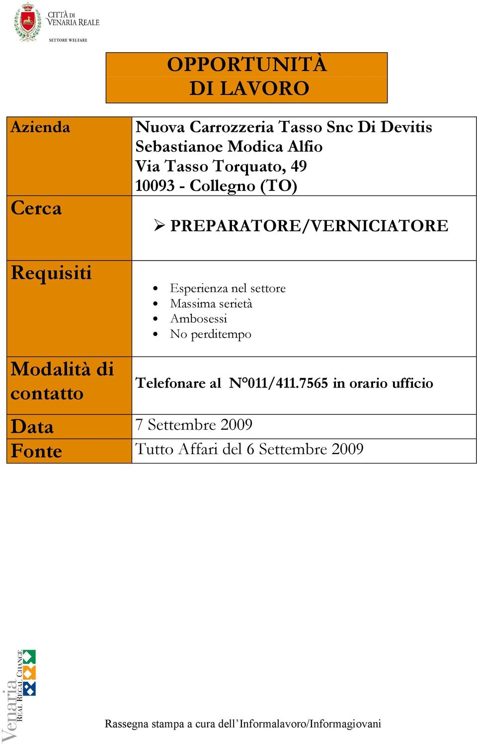 settore Massima serietà Ambosessi No perditempo Telefonare al N 011/411.