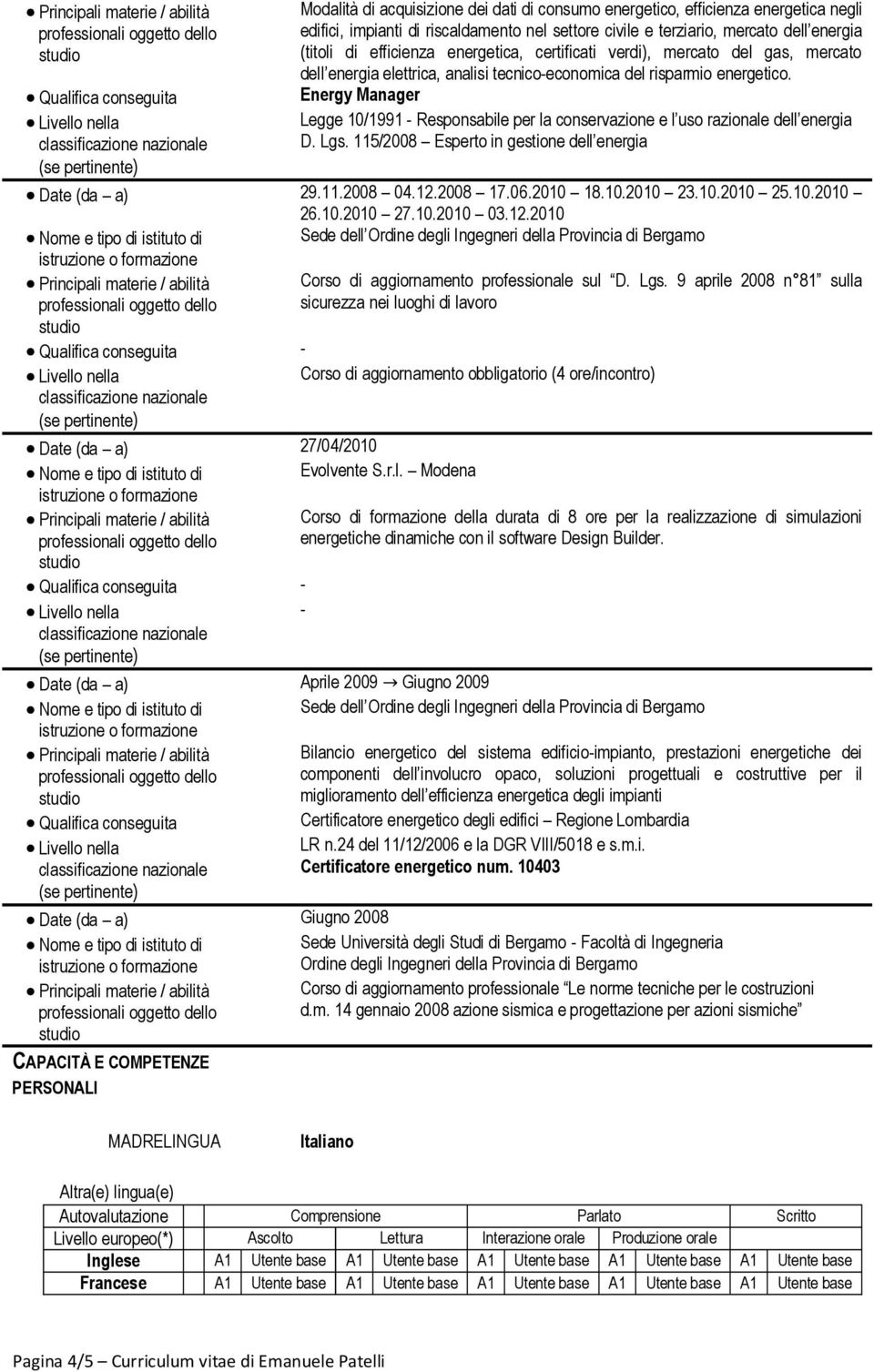 Energy Manager Legge 10/1991 - Responsabile per la conservazione e l uso razionale dell energia D. Lgs. 115/2008 Esperto in gestione dell energia Date (da a) 29.11.2008 04.12.2008 17.06.2010 18.10.2010 23.