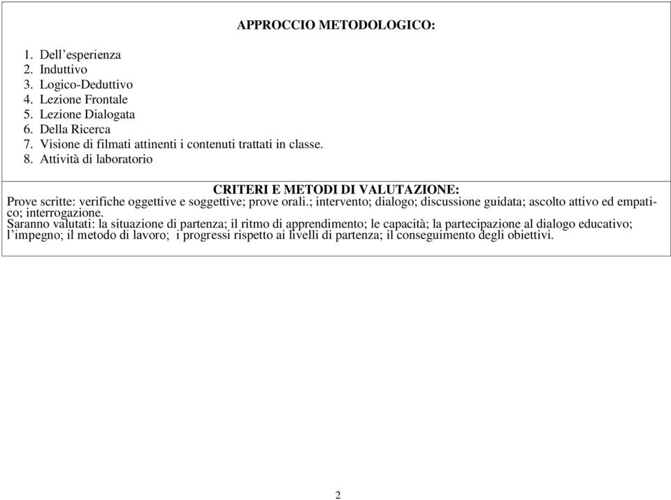 Attività di laboratorio APPROCCIO METODOLOGICO: CRITERI E METODI DI VALUTAZIONE: Prove scritte: verifiche oggettive e soggettive; prove orali.