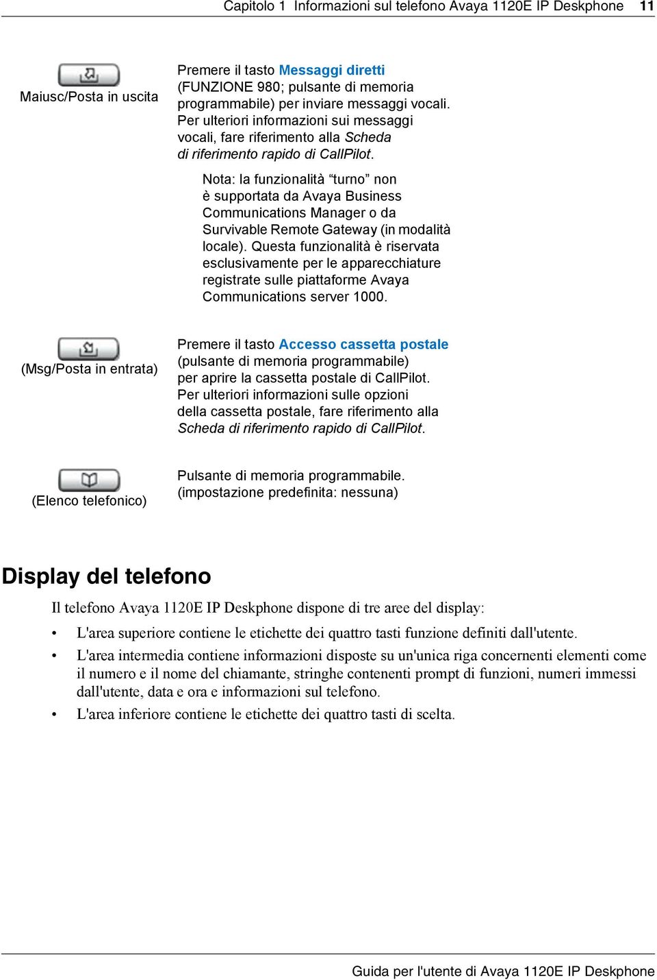 Nota: la funzionalità turno non è supportata da Avaya Business Communications Manager o da Survivable Remote Gateway (in modalità locale).