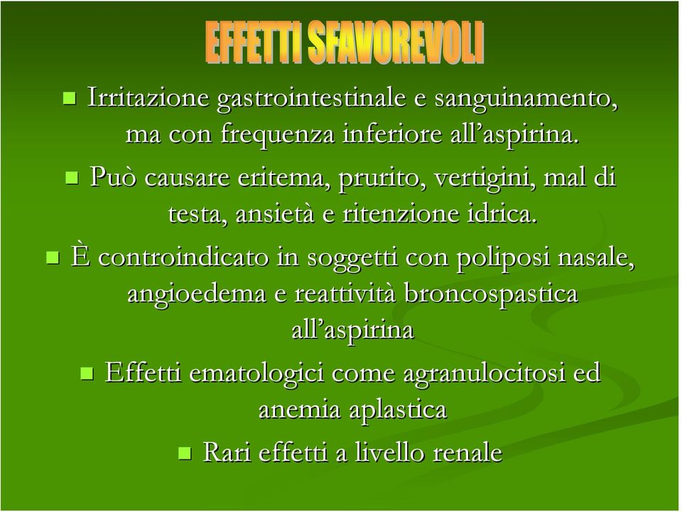 È controindicato in soggetti con poliposi nasale, angioedema e reattività broncospastica