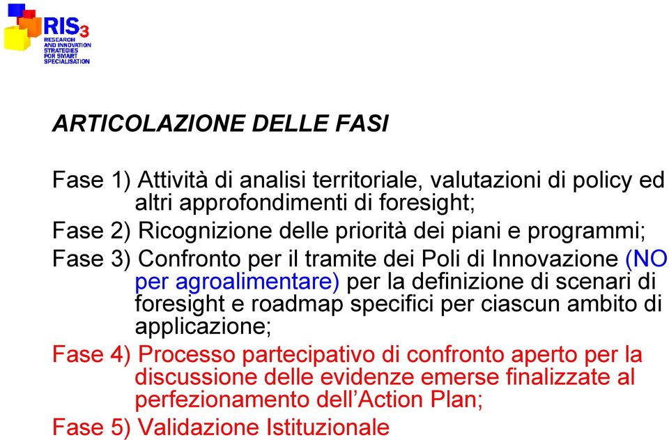 la definizione di scenari di foresight e roadmap specifici per ciascun ambito di applicazione; Fase 4) Processo partecipativo di