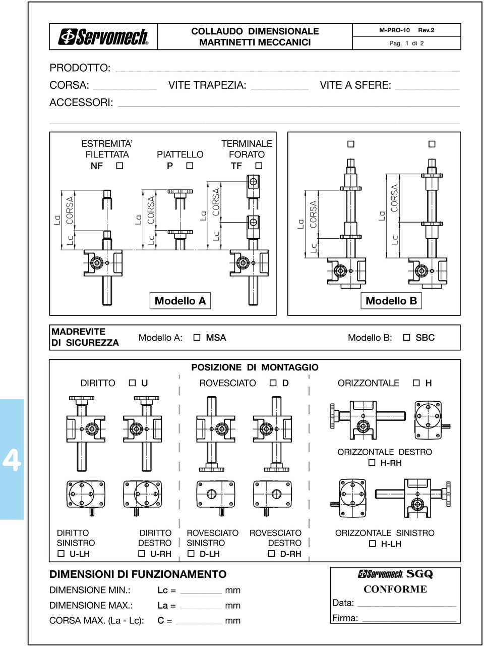 SICUREZZA Mdell A: MSA Mdell B: SBC POSIZIONE DI MONTAGGIO DIRITTO U ROVESCIATO D ORIZZONTALE H ORIZZONTALE DESTRO H-RH DIRITTO SINISTRO U-LH DIRITTO