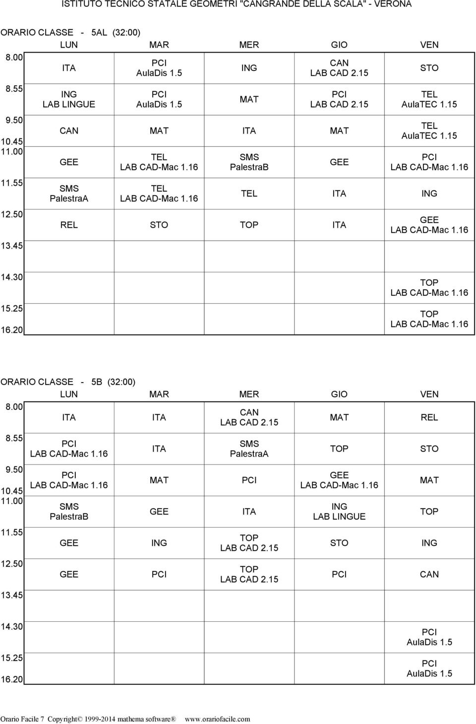 ORARIO CLASSE - 5AL (32:00) LAB