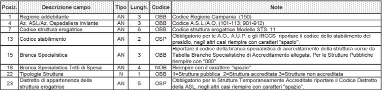 Prima parte comune ai due tracciati file C1 e C2 Regione Addebitante valorizzazione fissa a 150 (Regione Campania) Az.