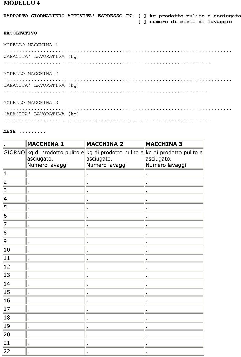 ... MACCHINA 1 MACCHINA 2 MACCHINA 3 GIORNO kg di prodotto pulito e asciugato. Numero lavaggi kg di prodotto pulito e asciugato. Numero lavaggi 1... 2... 3... 4.