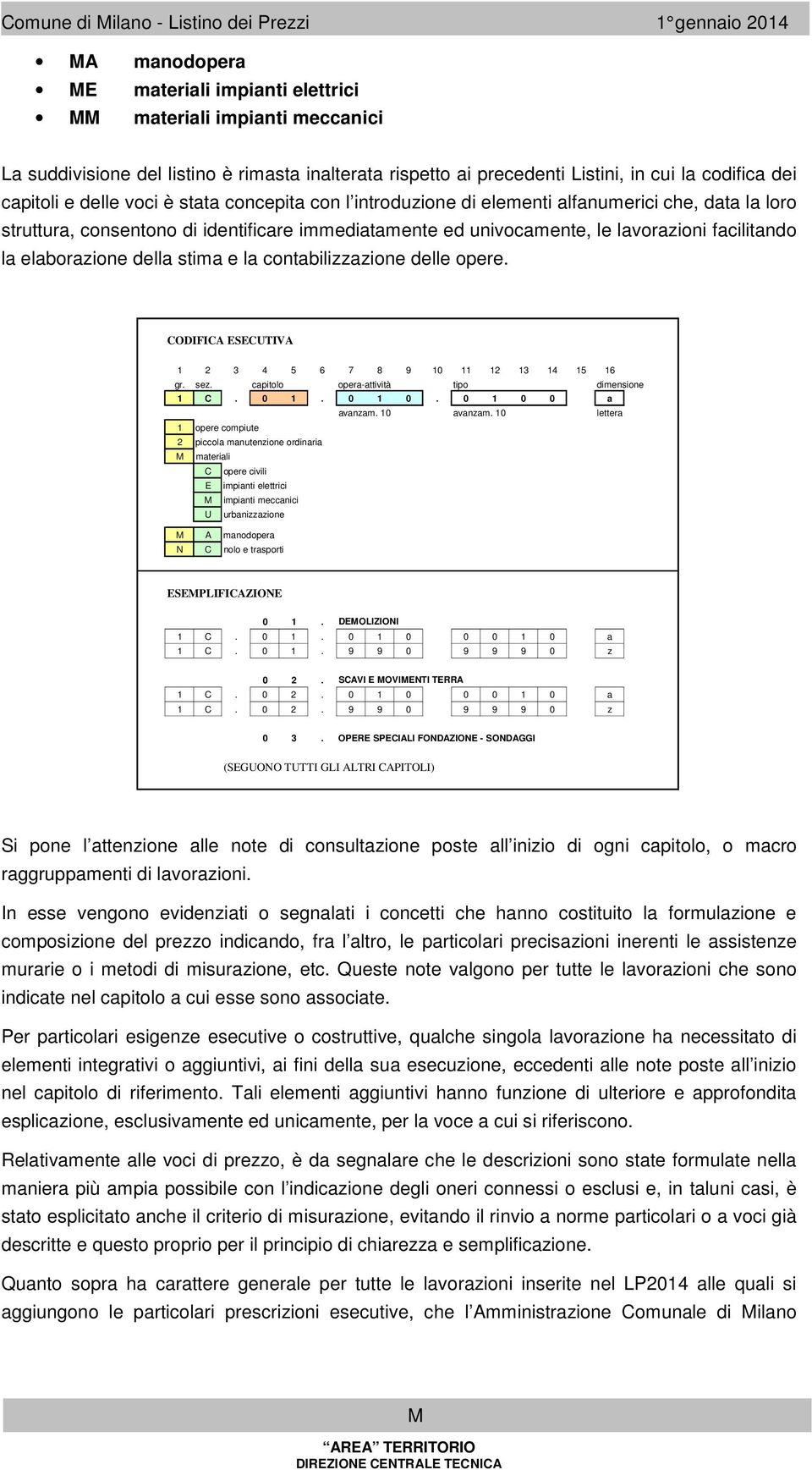 le lavorazioni facilitando la elaborazione della stia e la contabilizzazione delle opere. CODIFICA ESECUTIVA 1 2 3 4 5 6 7 8 9 10 11 12 13 14 15 16 gr. sez. capitolo opera-attività tipo diensione 1 C.