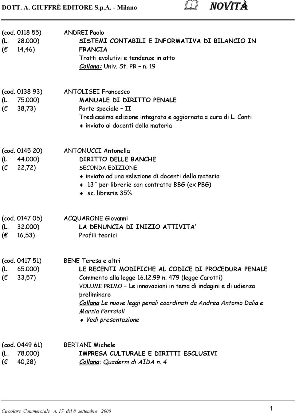 0145 20) ANTONUCCI Antonella (L. 44.000) DIRITTO DELLE BANCHE ( 22,72) SECONDA EDIZIONE inviato ad una selezione di docenti della materia 13^ per librerie con contratto BBG (ex PBG) sc.