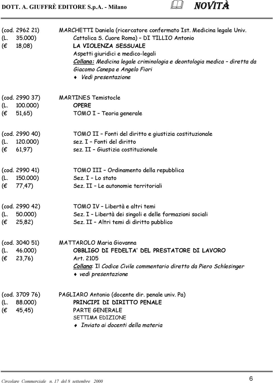 2990 37) MARTINES Temistocle (L. 100.000) OPERE ( 51,65) TOMO I Teoria generale (cod. 2990 40) TOMO II Fonti del diritto e giustizia costituzionale (L. 120.000) sez. I Fonti del diritto ( 61,97) sez.